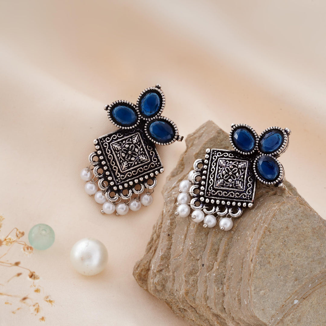 Carved Square Earrings Topped with Dangling Pearls Below