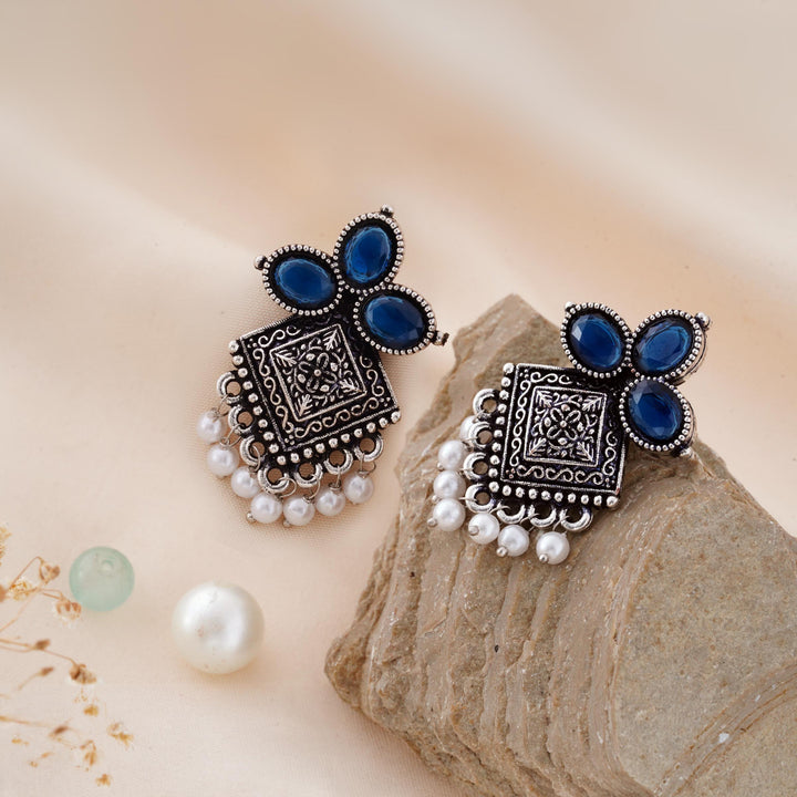 Carved Square Earrings Topped with Dangling Pearls Below
