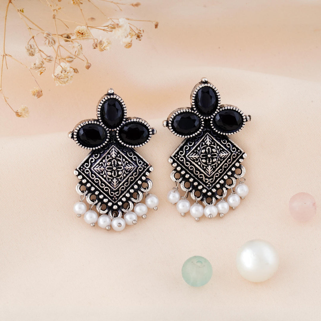Carved Square Earrings Topped with Dangling Pearls Below