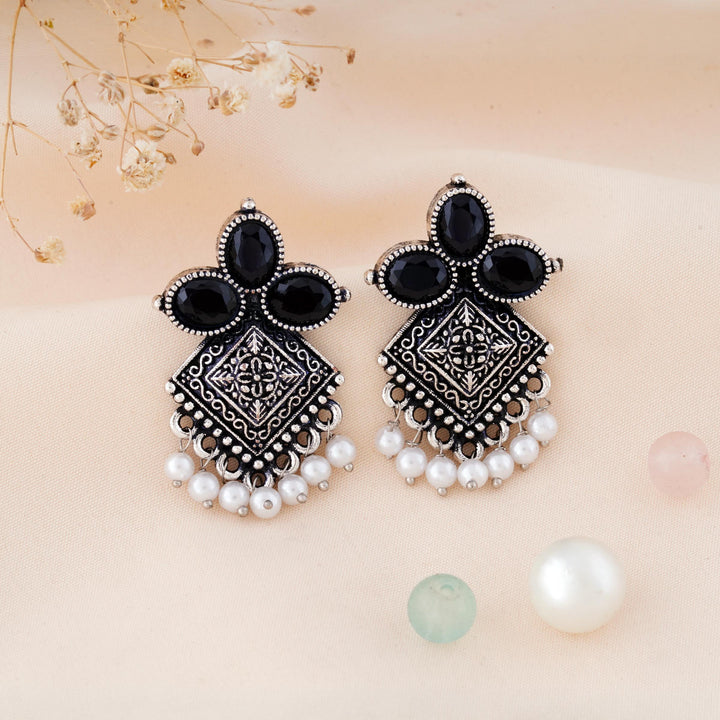 Carved Square Earrings Topped with Dangling Pearls Below