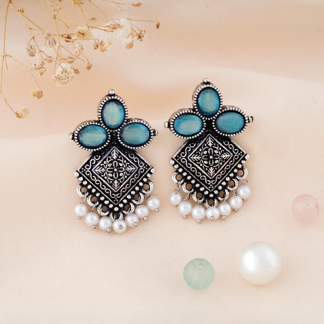 Carved Square Earrings Topped with Dangling Pearls Below