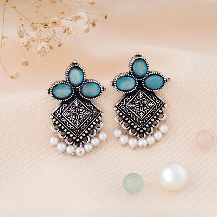 Carved Square Earrings Topped with Dangling Pearls Below