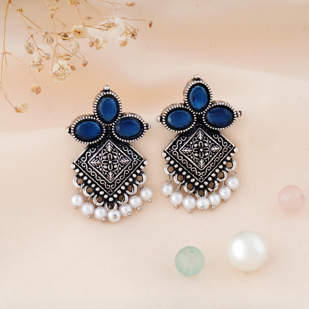 Carved Square Earrings Topped with Dangling Pearls Below