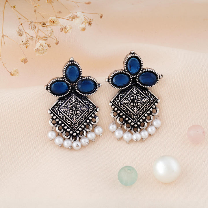 Carved Square Earrings Topped with Dangling Pearls Below