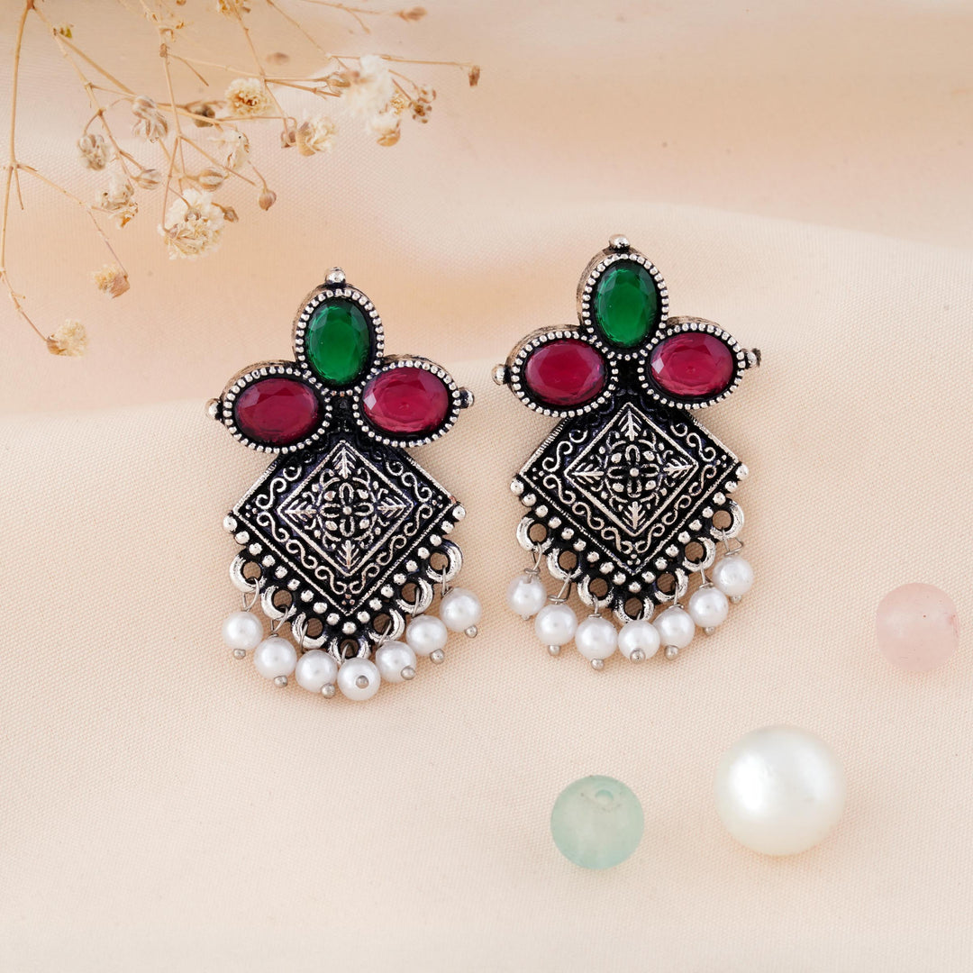 Carved Square Earrings Topped with Dangling Pearls Below