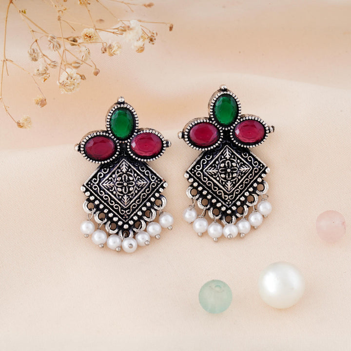 Carved Square Earrings Topped with Dangling Pearls Below
