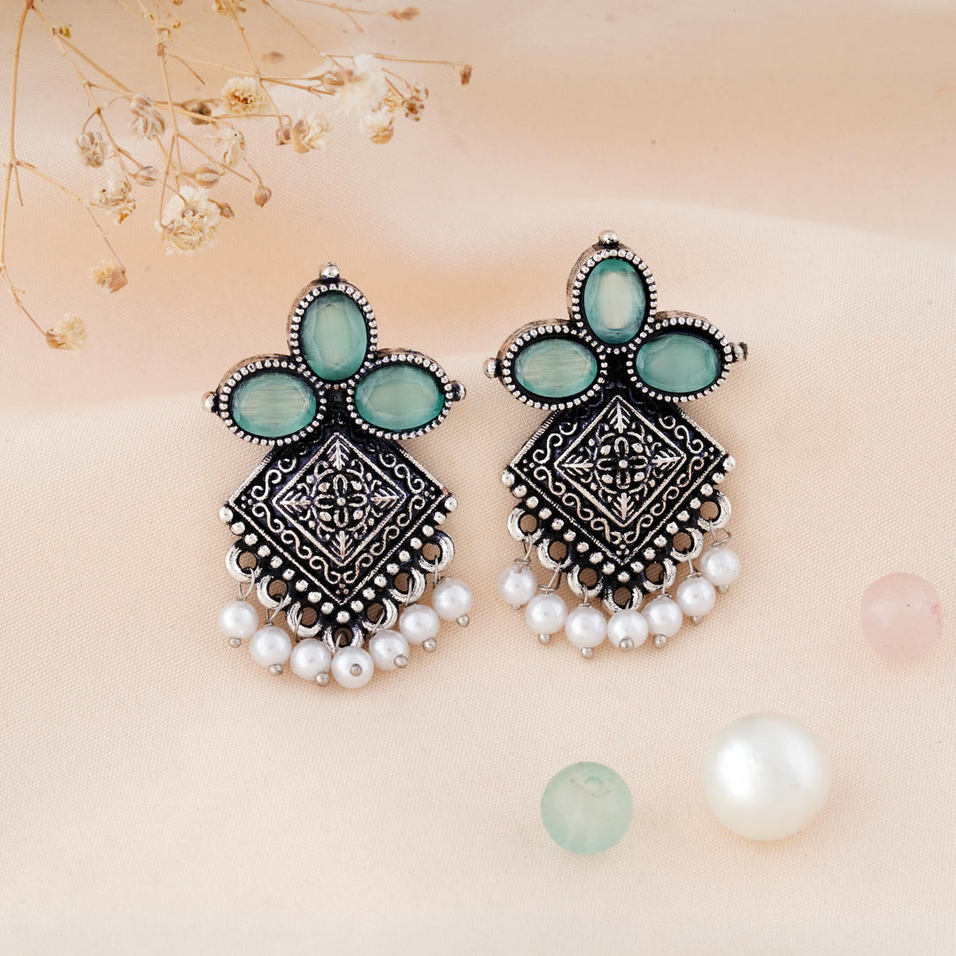 Carved Square Earrings Topped with Dangling Pearls Below