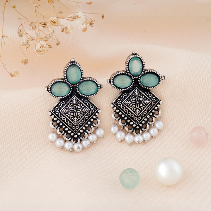 Carved Square Earrings Topped with Dangling Pearls Below