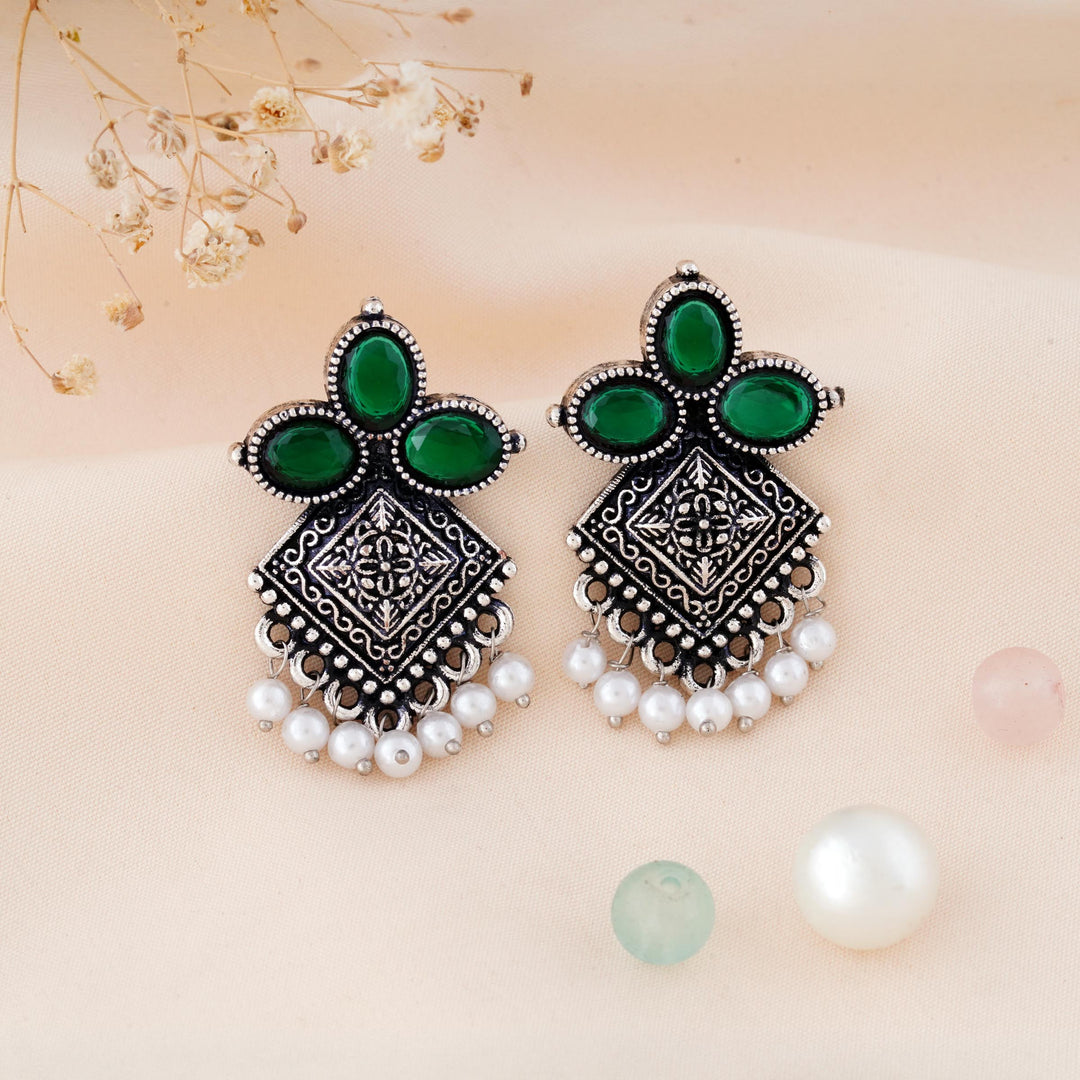 Carved Square Earrings Topped with Dangling Pearls Below