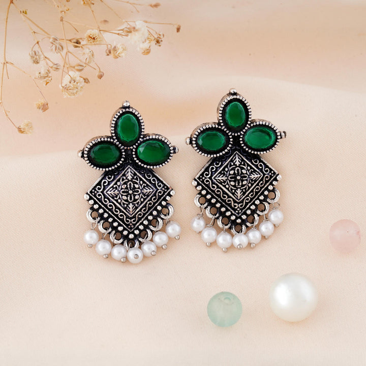 Carved Square Earrings Topped with Dangling Pearls Below