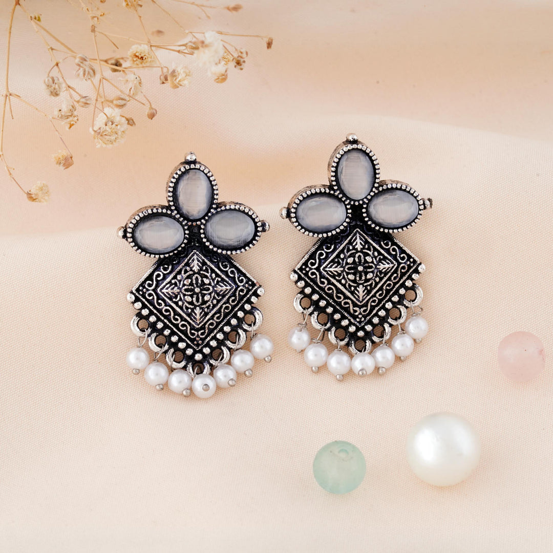 Carved Square Earrings Topped with Dangling Pearls Below