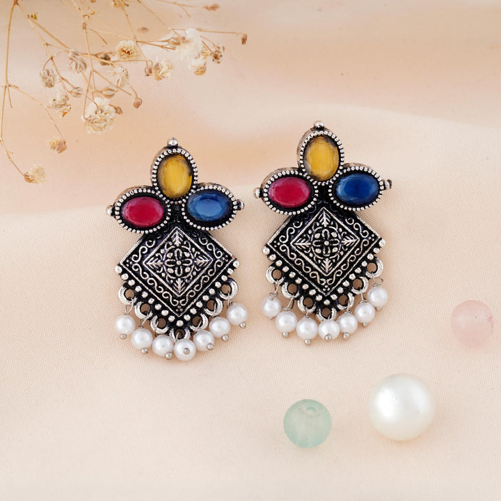 Carved Square Earrings Topped with Dangling Pearls Below