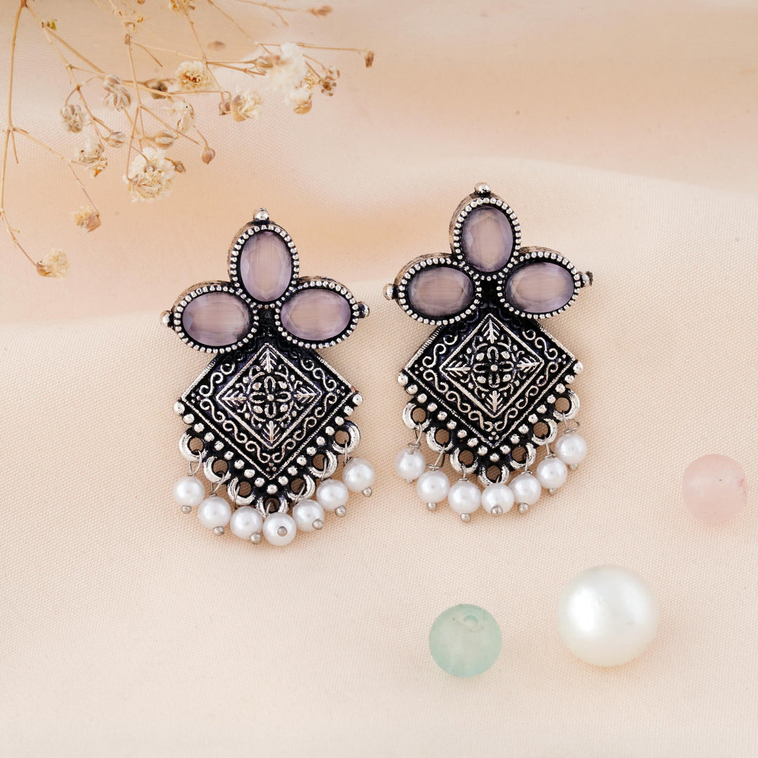 Carved Square Earrings Topped with Dangling Pearls Below