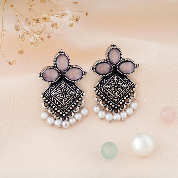 Carved Square Earrings Topped with Dangling Pearls Below