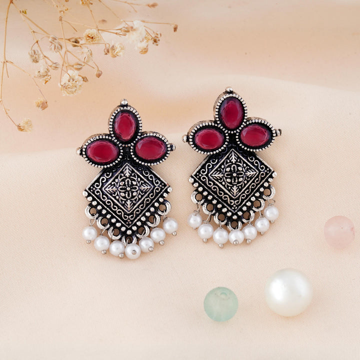 Carved Square Earrings Topped with Dangling Pearls Below