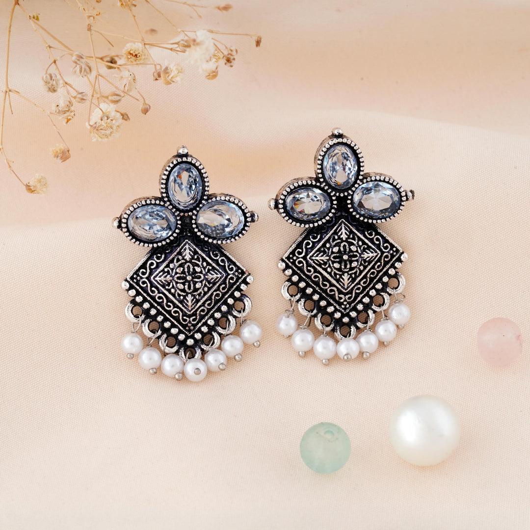 Carved Square Earrings Topped with Dangling Pearls Below