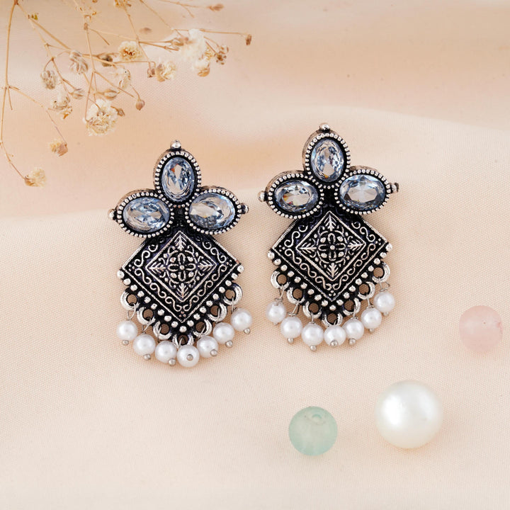 Carved Square Earrings Topped with Dangling Pearls Below