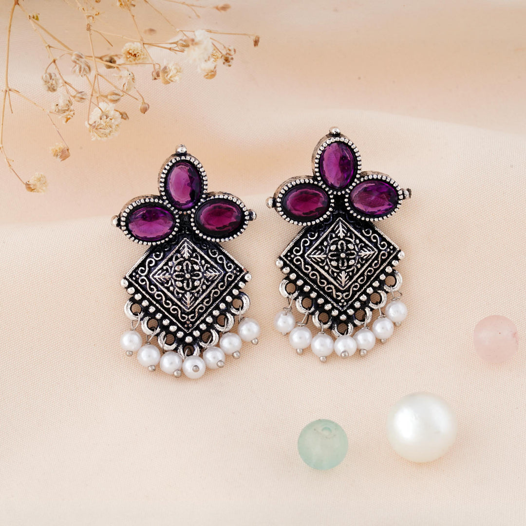 Carved Square Earrings Topped with Dangling Pearls Below