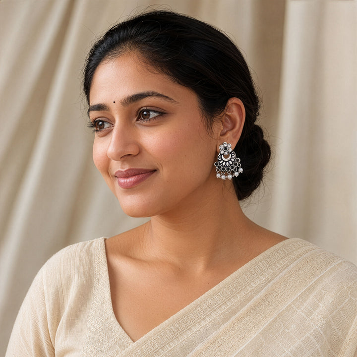 Crescent Floral Chandbali Earrings featuring Pearl Fringe