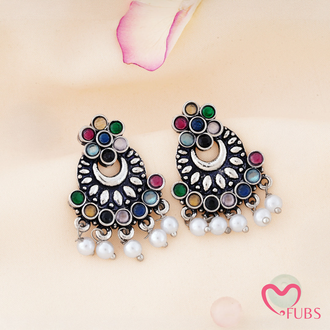 Crescent Floral Chandbali Earrings featuring Pearl Fringe