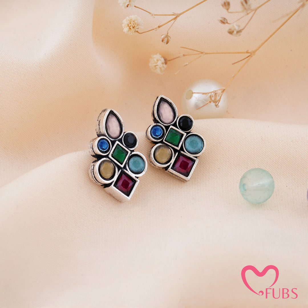 Asymmetric Mosaic Stud Earrings with Mixed Cut Insets