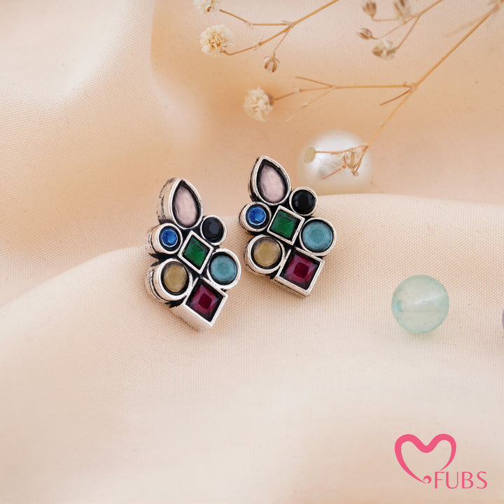 Asymmetric Mosaic Stud Earrings with Mixed Cut Insets