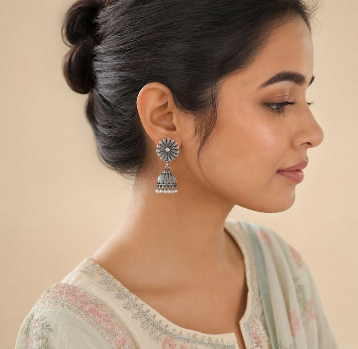 Oxidized Sunflower Jhumka Earrings with Hanging Pearls
