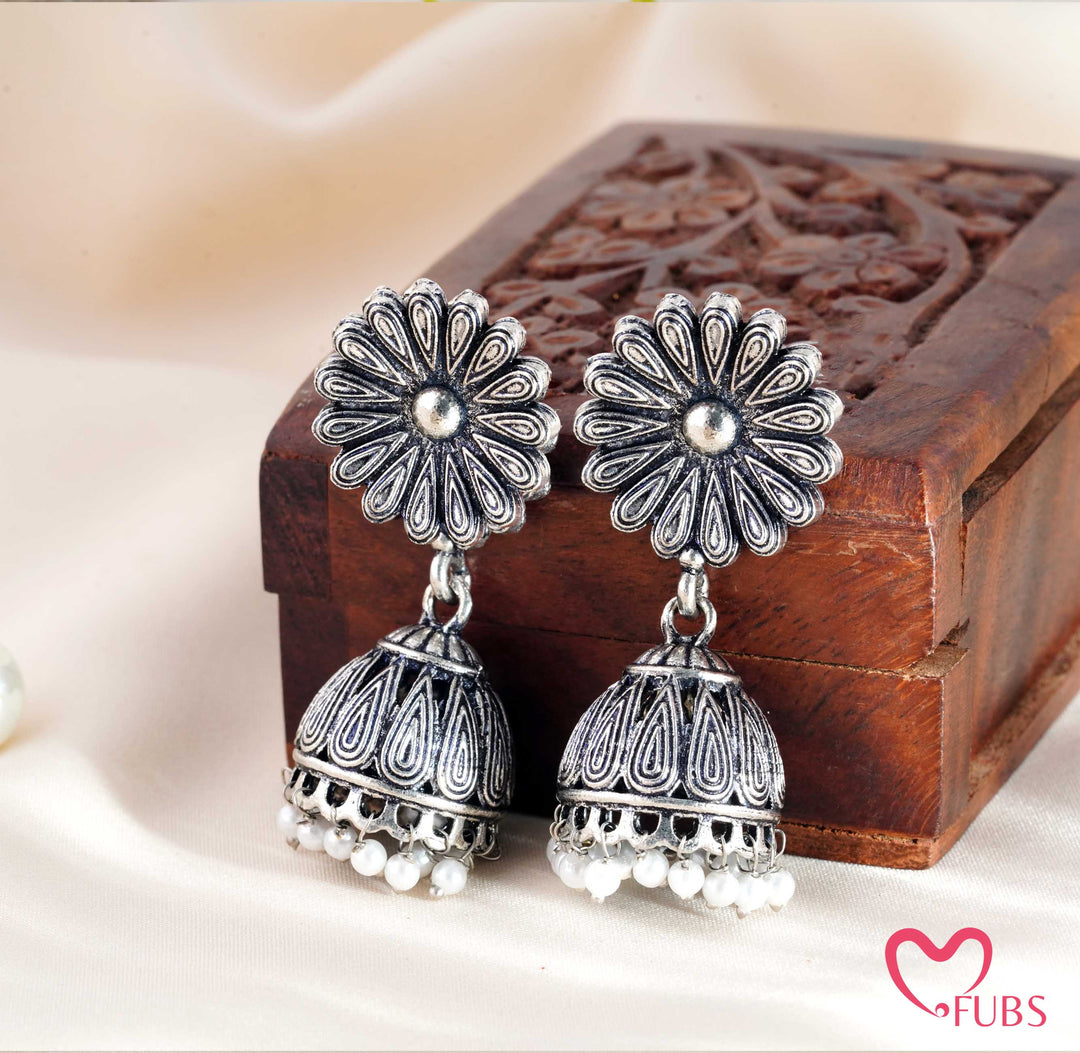 Oxidized Sunflower Jhumka Earrings with Hanging Pearls