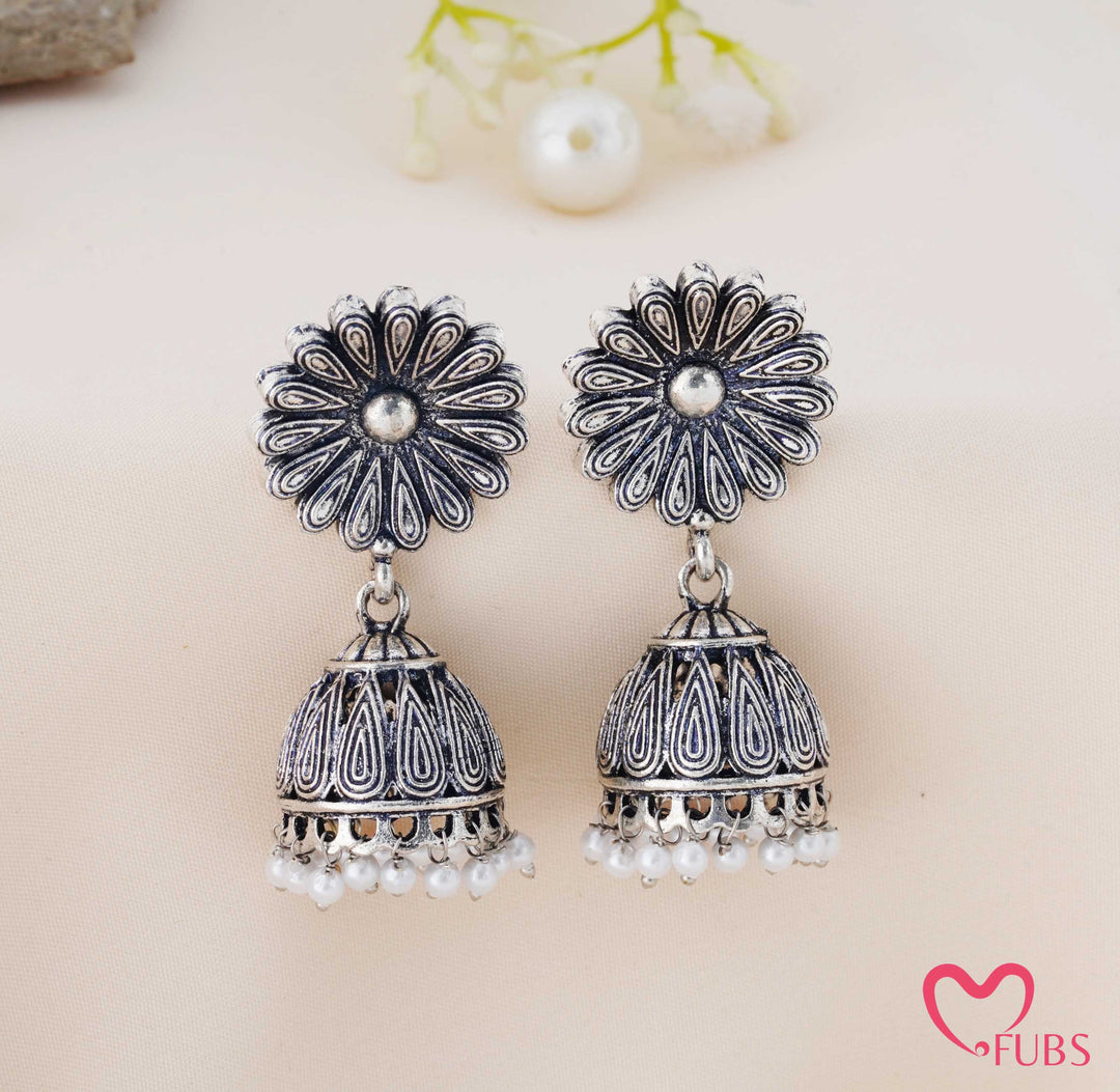 Oxidized Sunflower Jhumka Earrings with Hanging Pearls