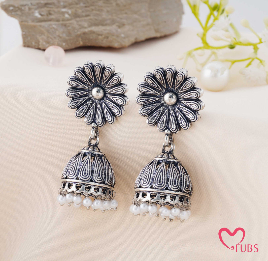 Oxidized Sunflower Jhumka Earrings with Hanging Pearls
