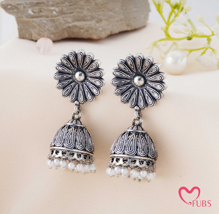 Oxidized Sunflower Jhumka Earrings with Hanging Pearls