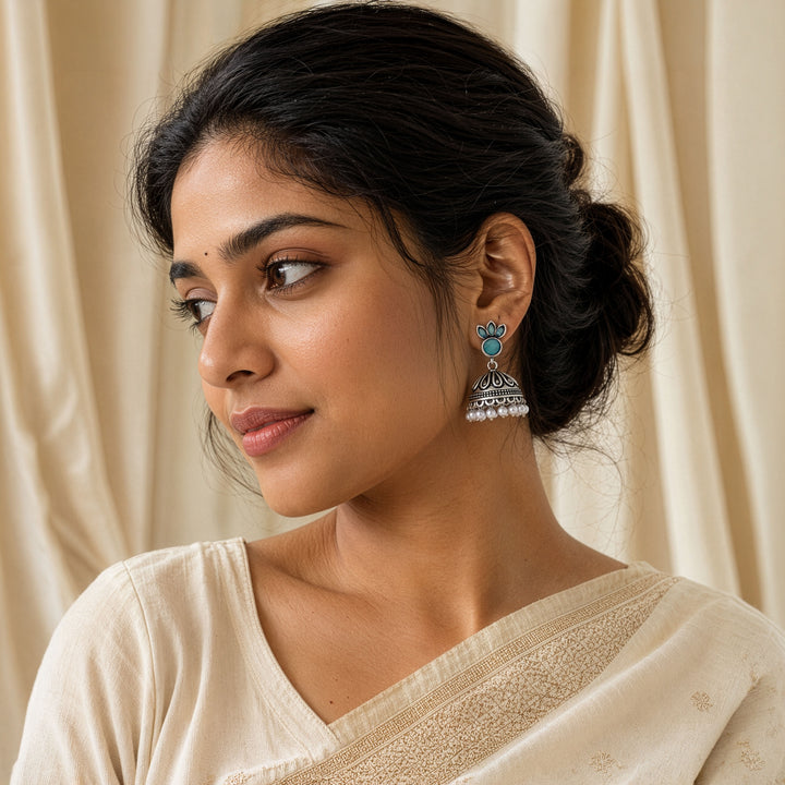 Petal Crown Jhumka Earrings with a Beaded Base