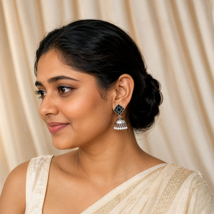 Rhombus Top Jhumka Earrings with Pearl Clusters