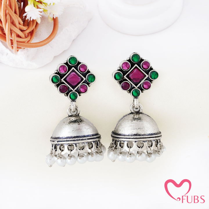 Rhombus Top Jhumka Earrings with Pearl Clusters