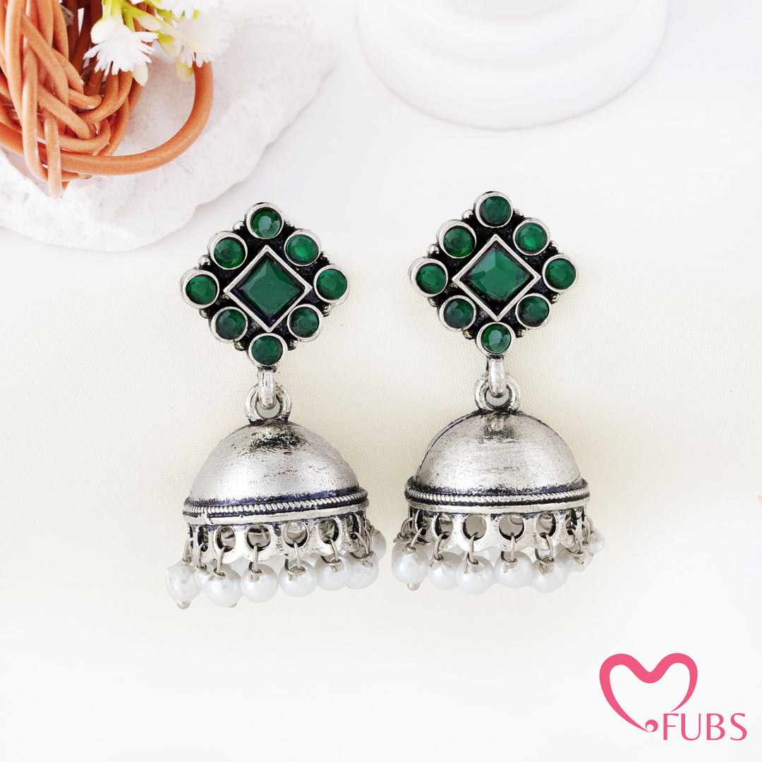 Rhombus Top Jhumka Earrings with Pearl Clusters