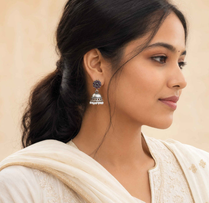Blossom Jhumka Earrings with Dangling Pearls