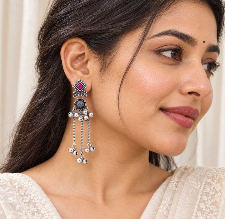 Oxidized Dark Pink Ghungroo Chain Earrings