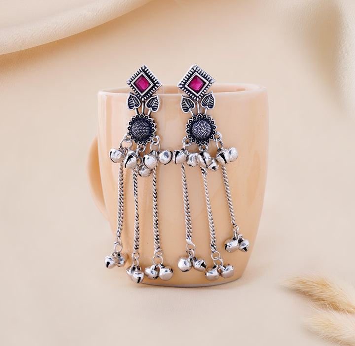 Oxidized Dark Pink Ghungroo Chain Earrings