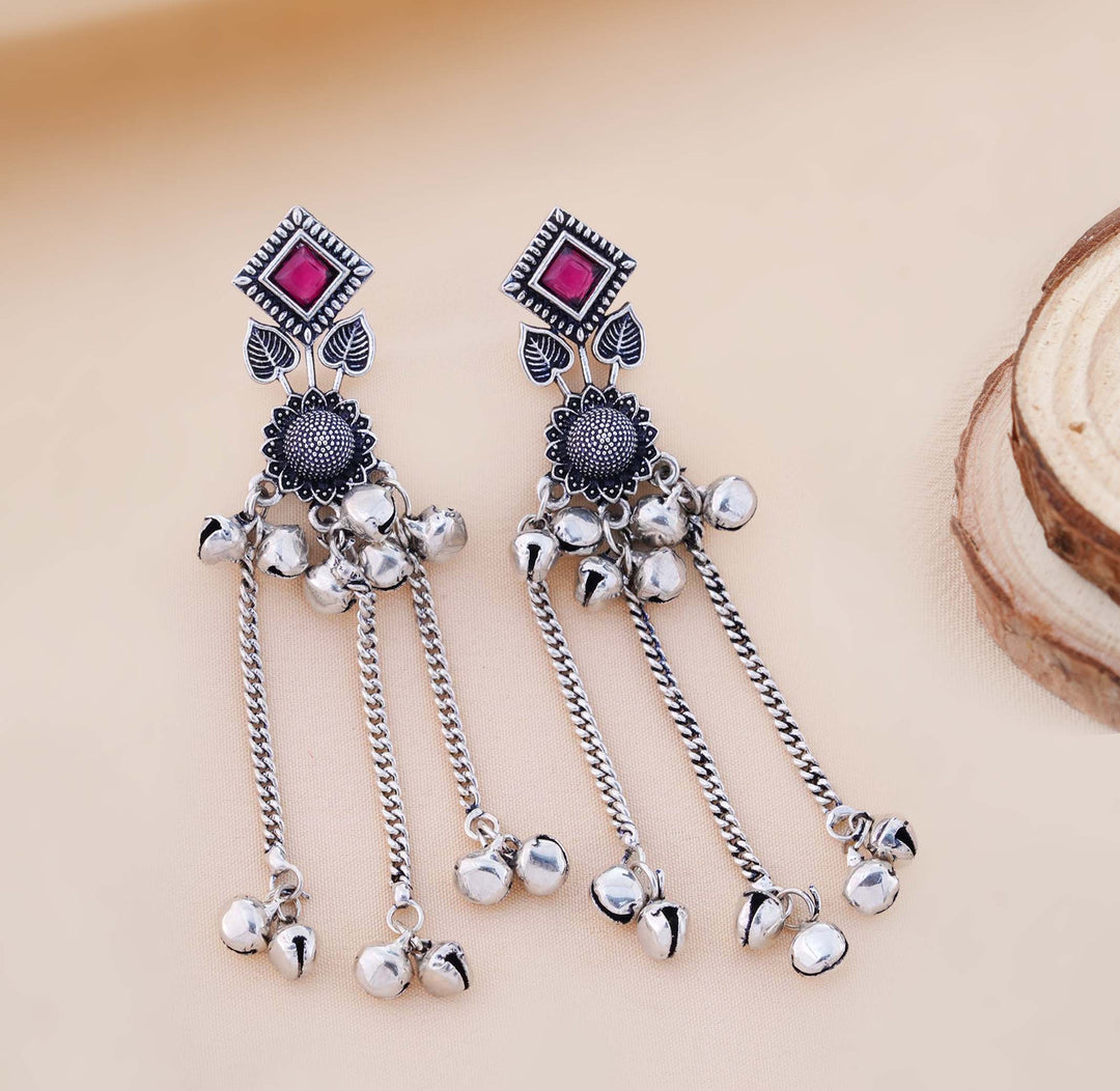 Oxidized Dark Pink Ghungroo Chain Earrings