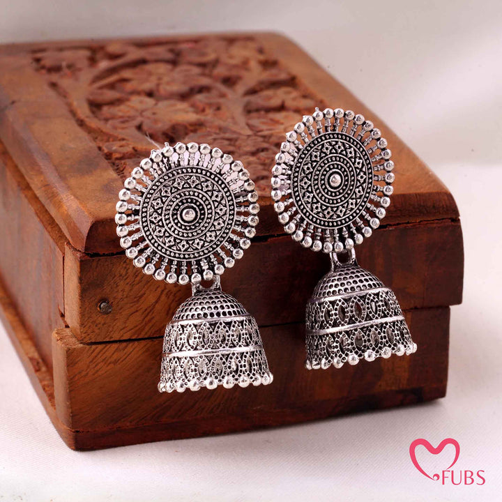 Tribal Sunburst Jhumka Earrings With Filigree