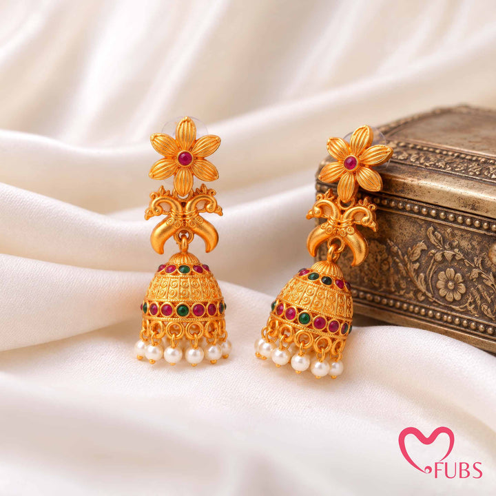 Floral Peacock Motif Dangler Jhumka Earrings