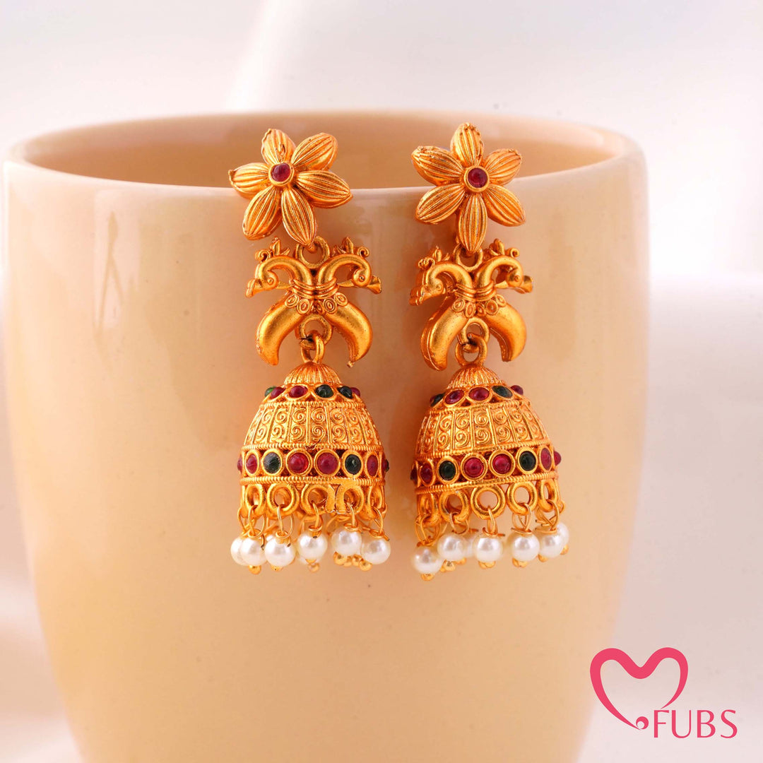 Floral Peacock Motif Dangler Jhumka Earrings