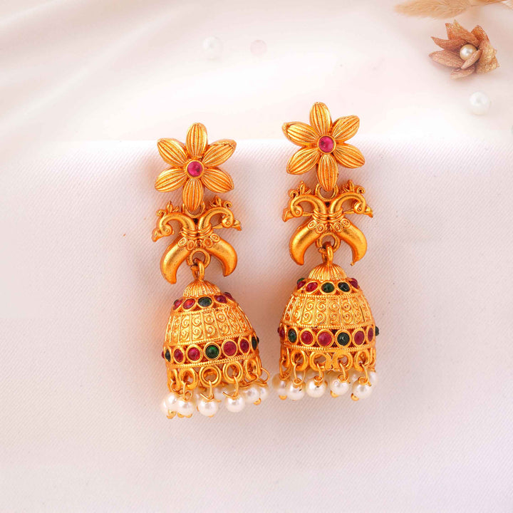 Floral Peacock Motif Dangler Jhumka Earrings