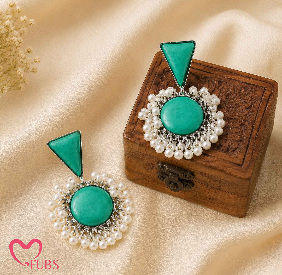 Green Stone Earrings with Pearl Border