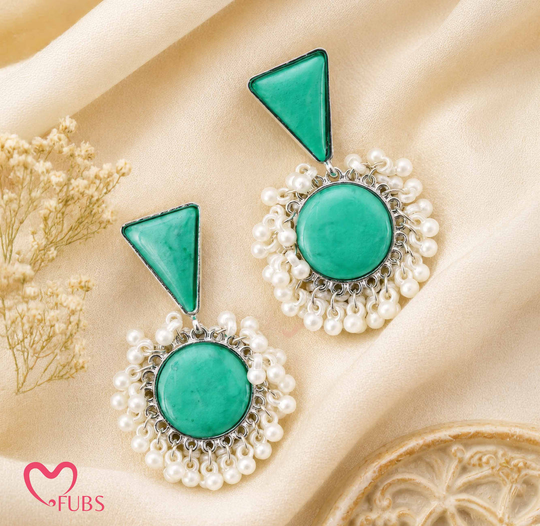 Green Stone Earrings with Pearl Border