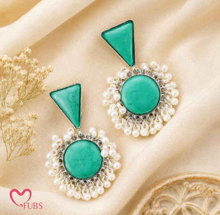 Green Stone Earrings with Pearl Border