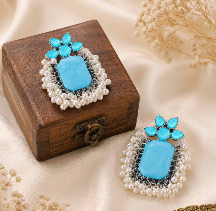 Blue Stone Earrings with Pearl Fringe
