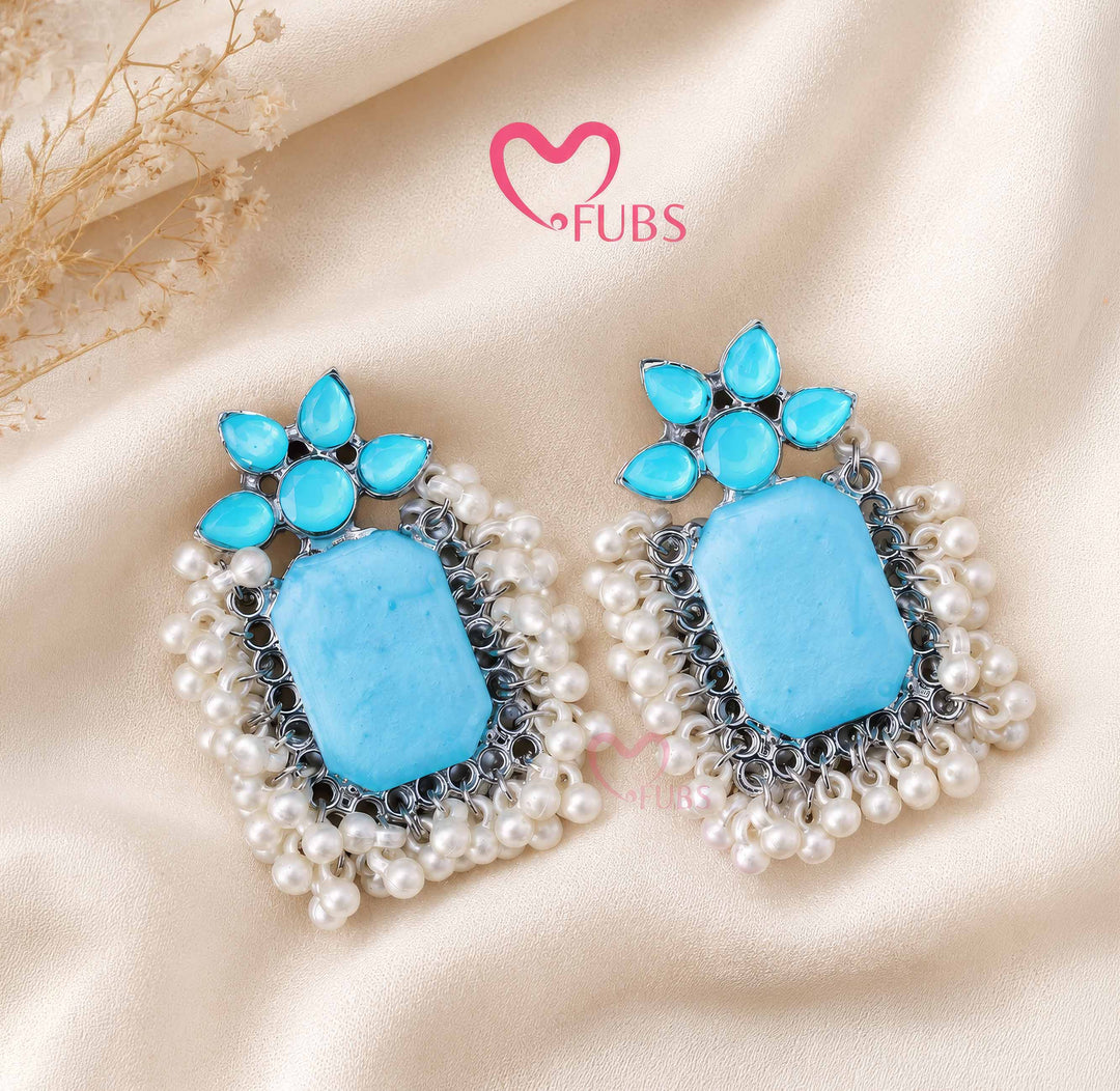 Blue Stone Earrings with Pearl Fringe