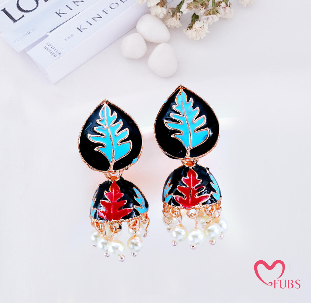 Leaf Print Jhumka Earrings with Pearl Beads