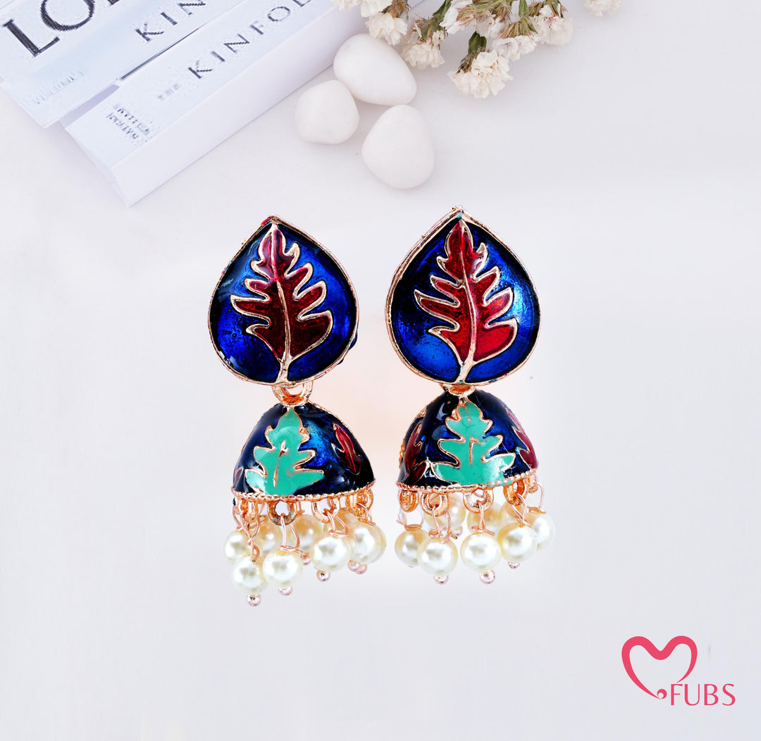 Leaf Print Jhumka Earrings with Pearl Beads